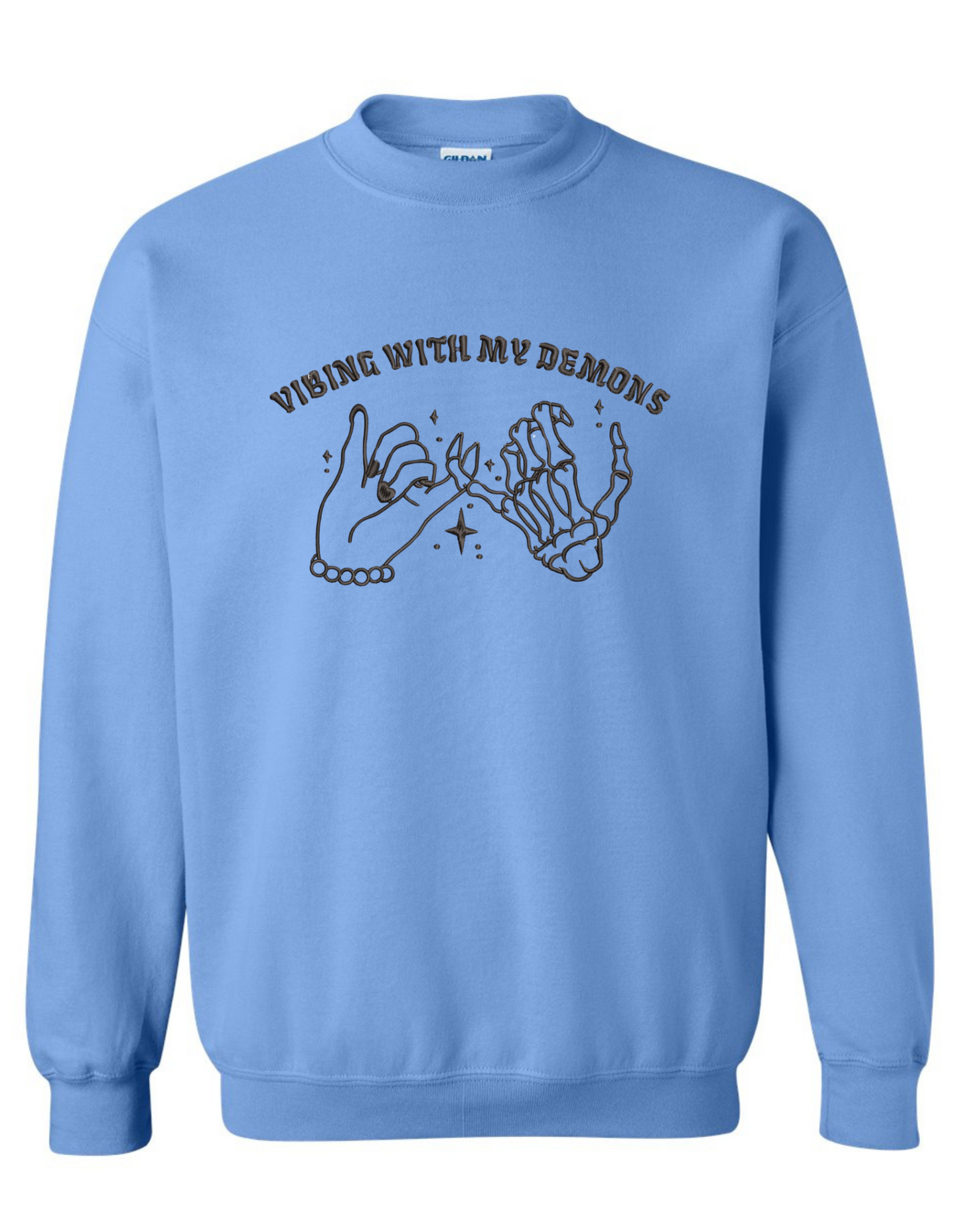 Vibing with My Demons Sweatshirt – Embroidered Skeleton Hand Pinky Promise Graphic on Gildan Crewneck