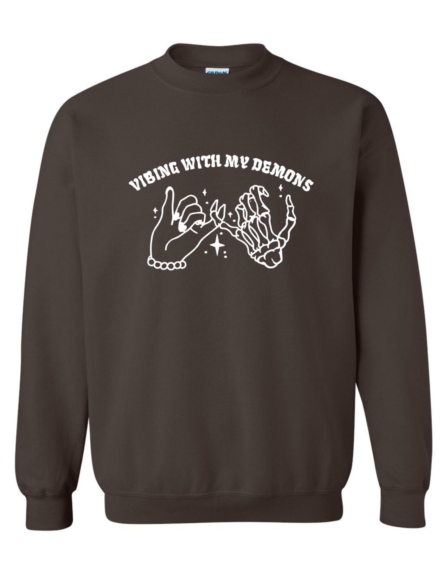 Vibing with My Demons Sweatshirt – Embroidered Skeleton Hand Pinky Promise Graphic on Gildan Crewneck