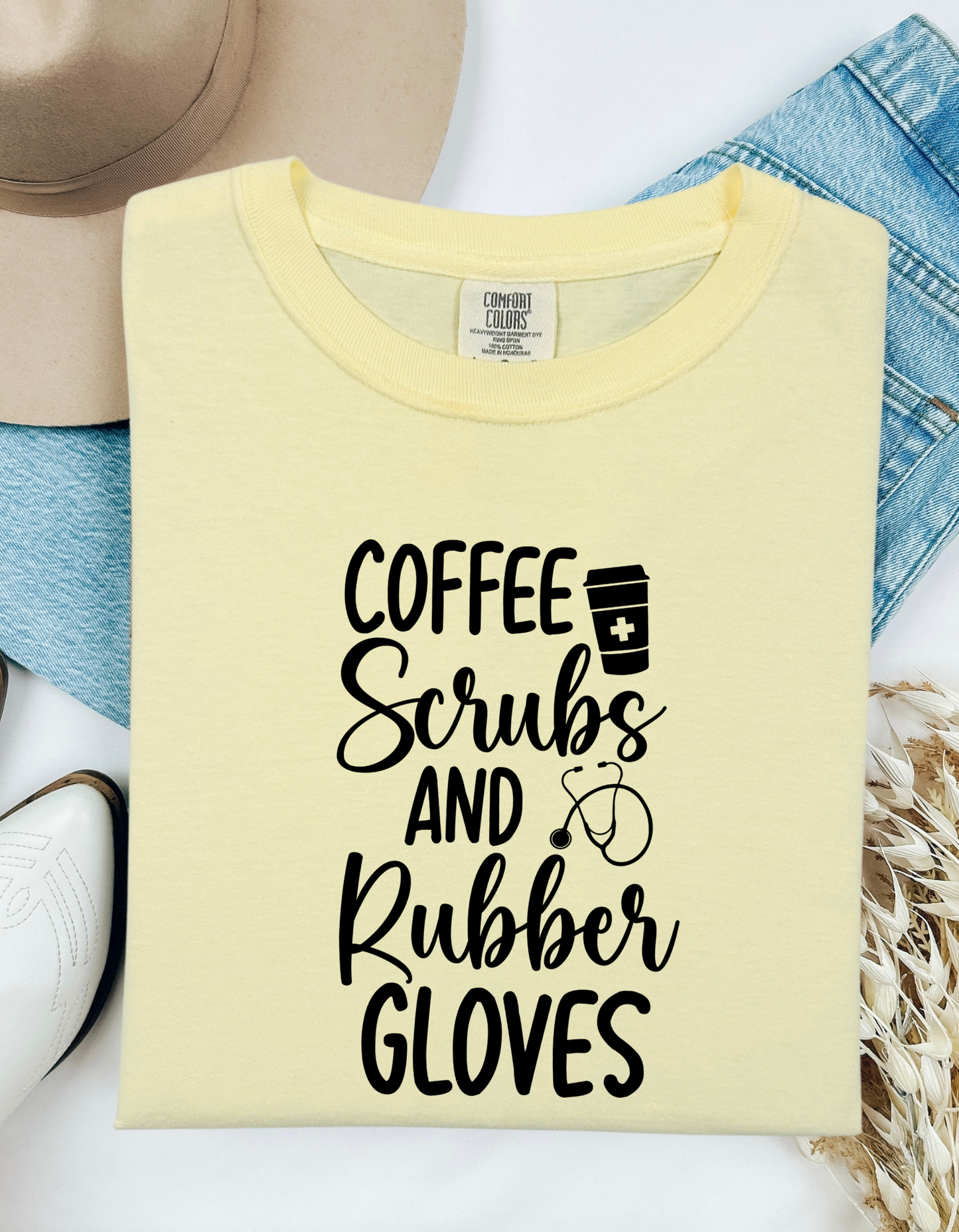 Comfort Colors 'Coffee, Scrubs, and Rubber Gloves' Graphic T-Shirt – Perfect for Nurses and Medical Professionals