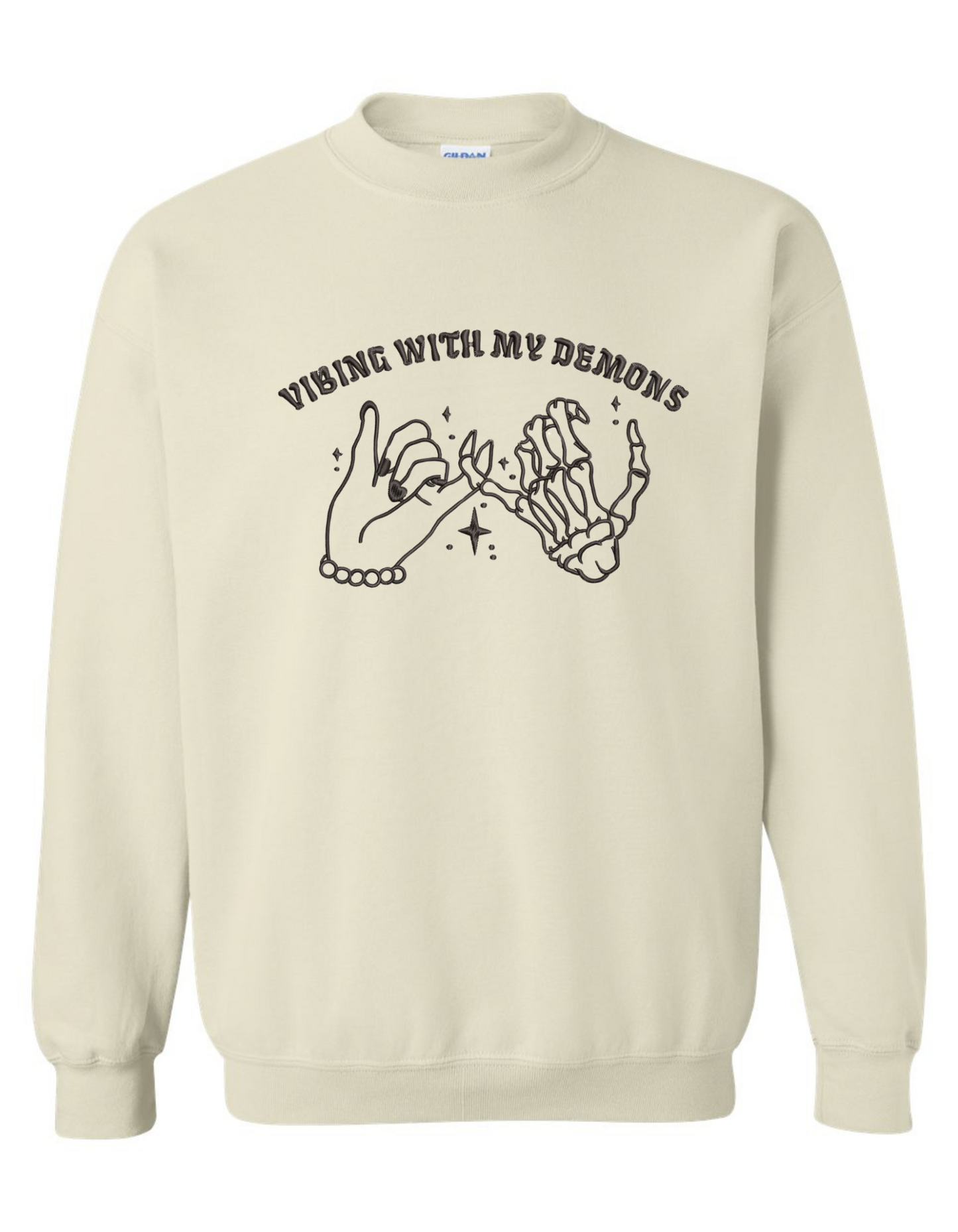 Vibing with My Demons Sweatshirt – Embroidered Skeleton Hand Pinky Promise Graphic on Gildan Crewneck