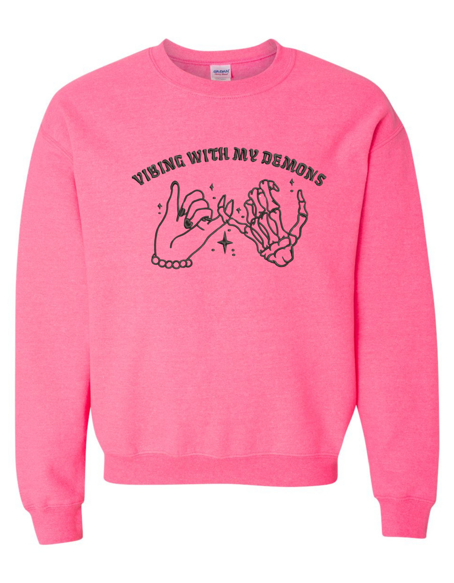 Vibing with My Demons Sweatshirt – Embroidered Skeleton Hand Pinky Promise Graphic on Gildan Crewneck