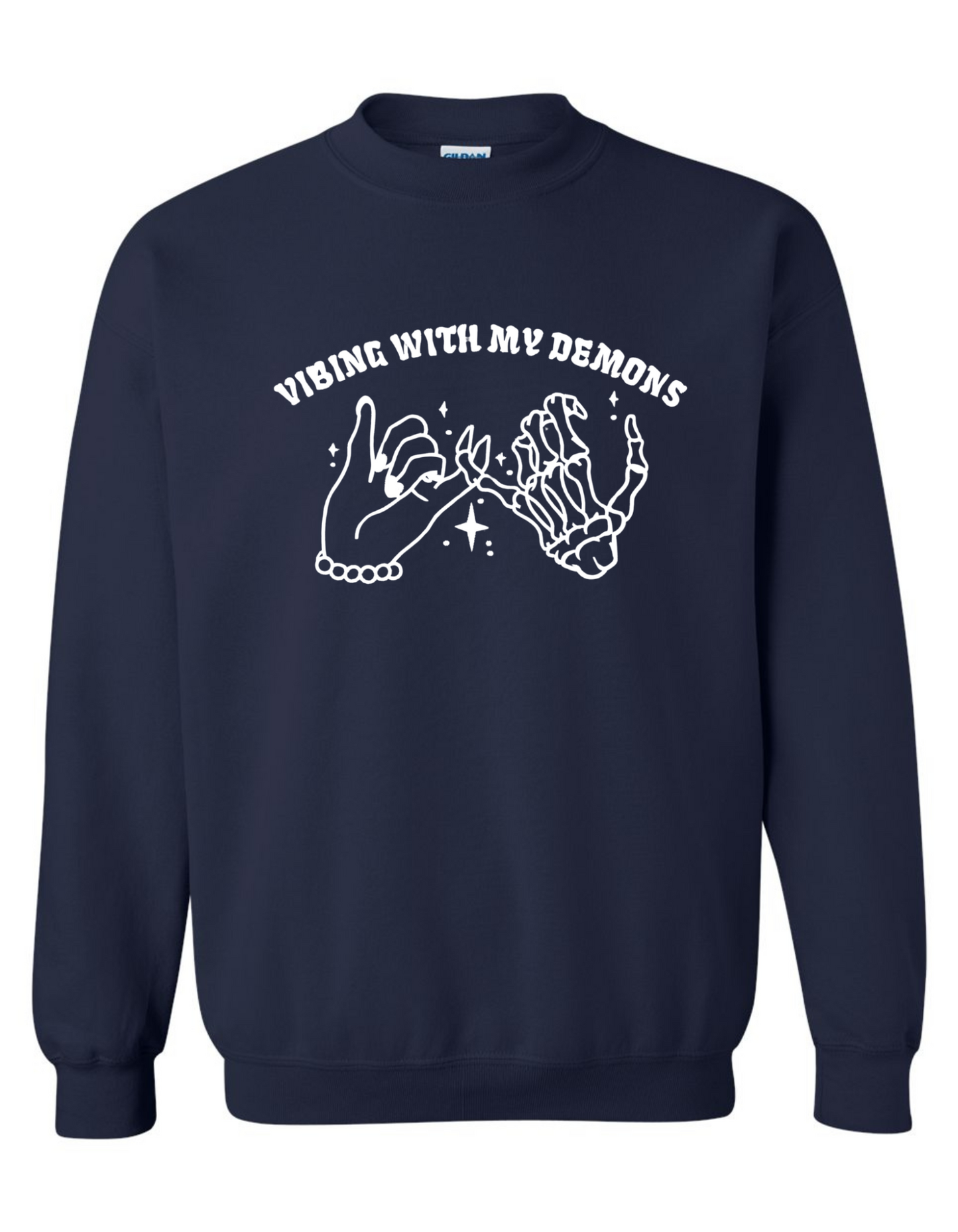 Vibing with My Demons Sweatshirt – Embroidered Skeleton Hand Pinky Promise Graphic on Gildan Crewneck
