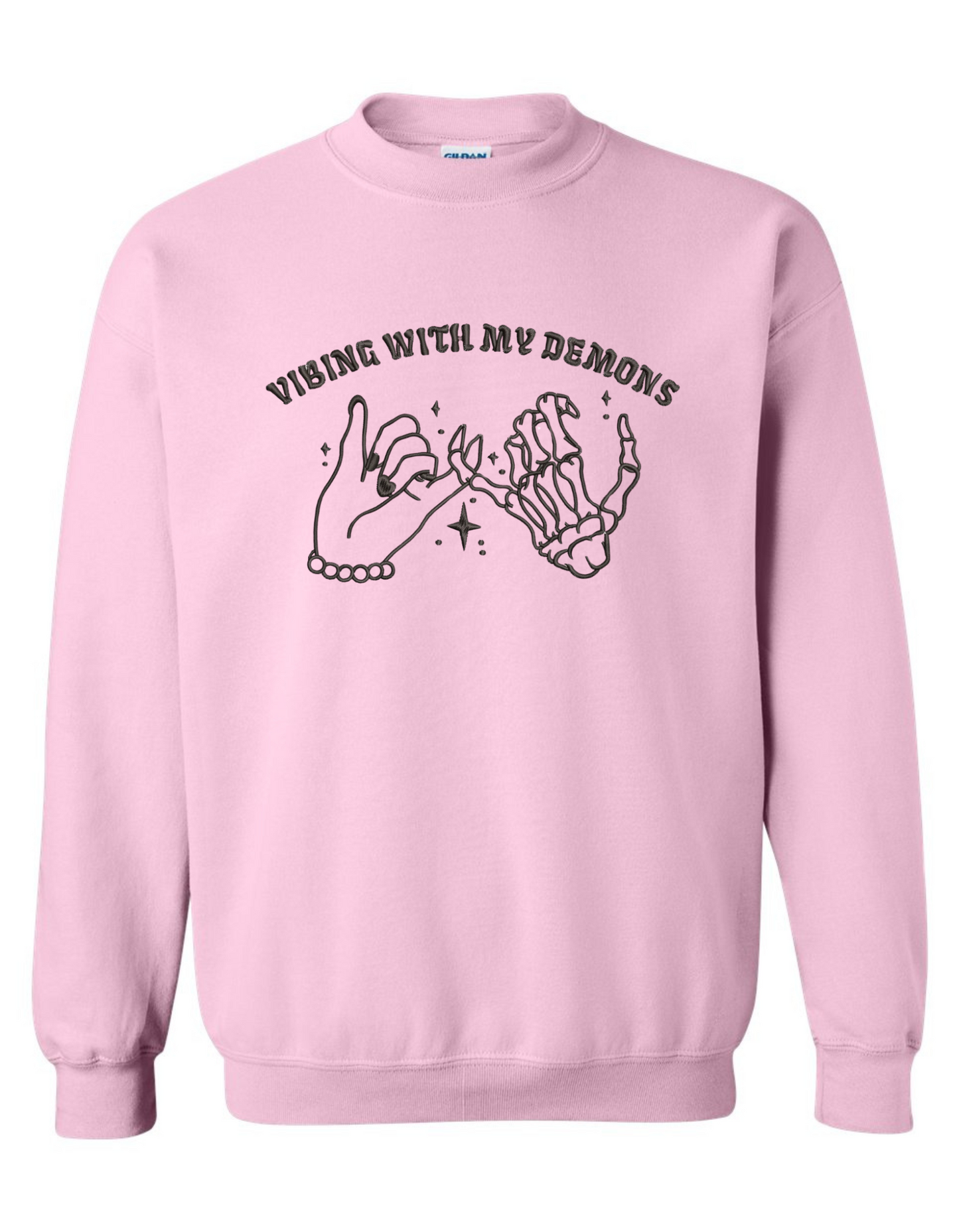 Vibing with My Demons Sweatshirt – Embroidered Skeleton Hand Pinky Promise Graphic on Gildan Crewneck