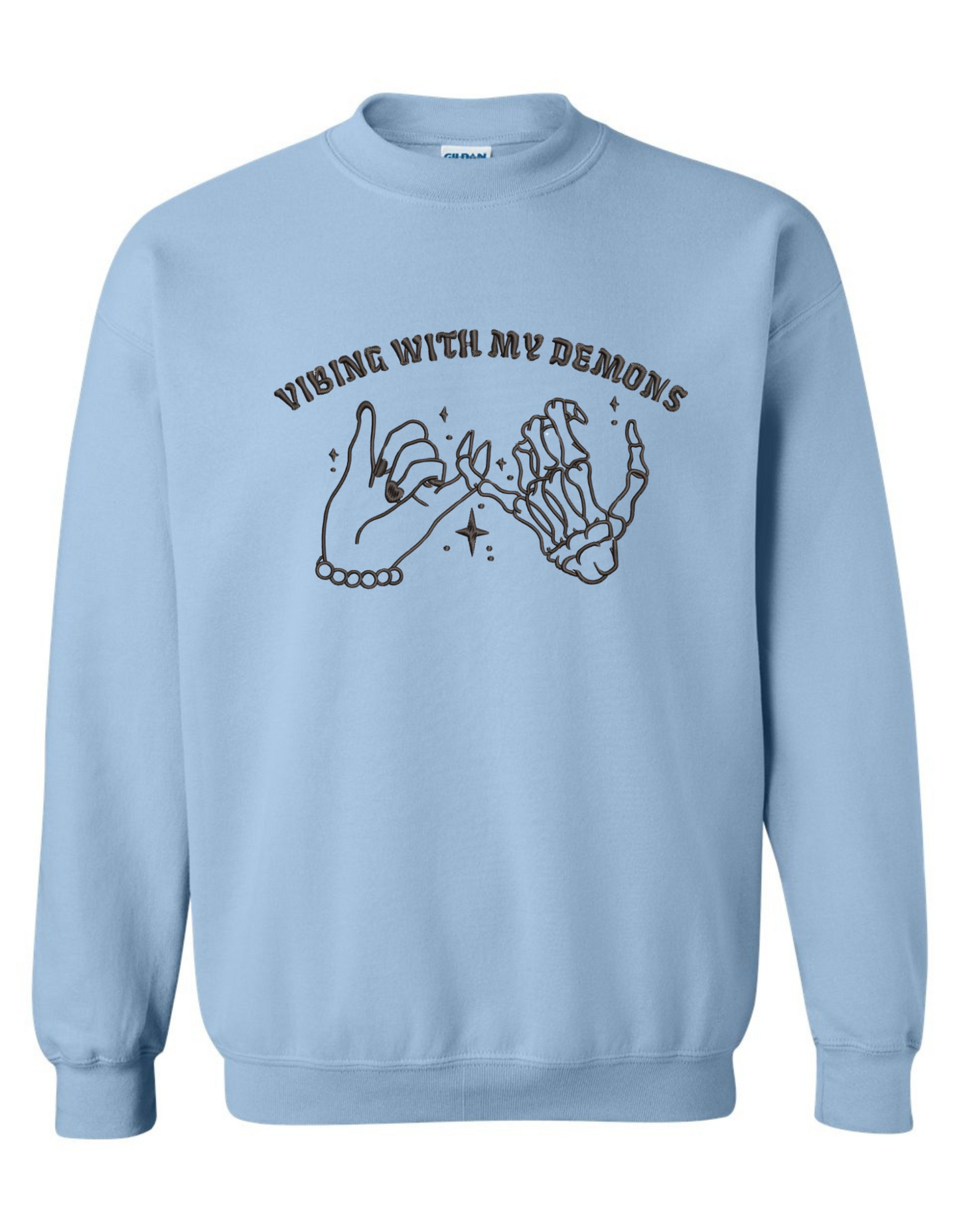 Vibing with My Demons Sweatshirt – Embroidered Skeleton Hand Pinky Promise Graphic on Gildan Crewneck