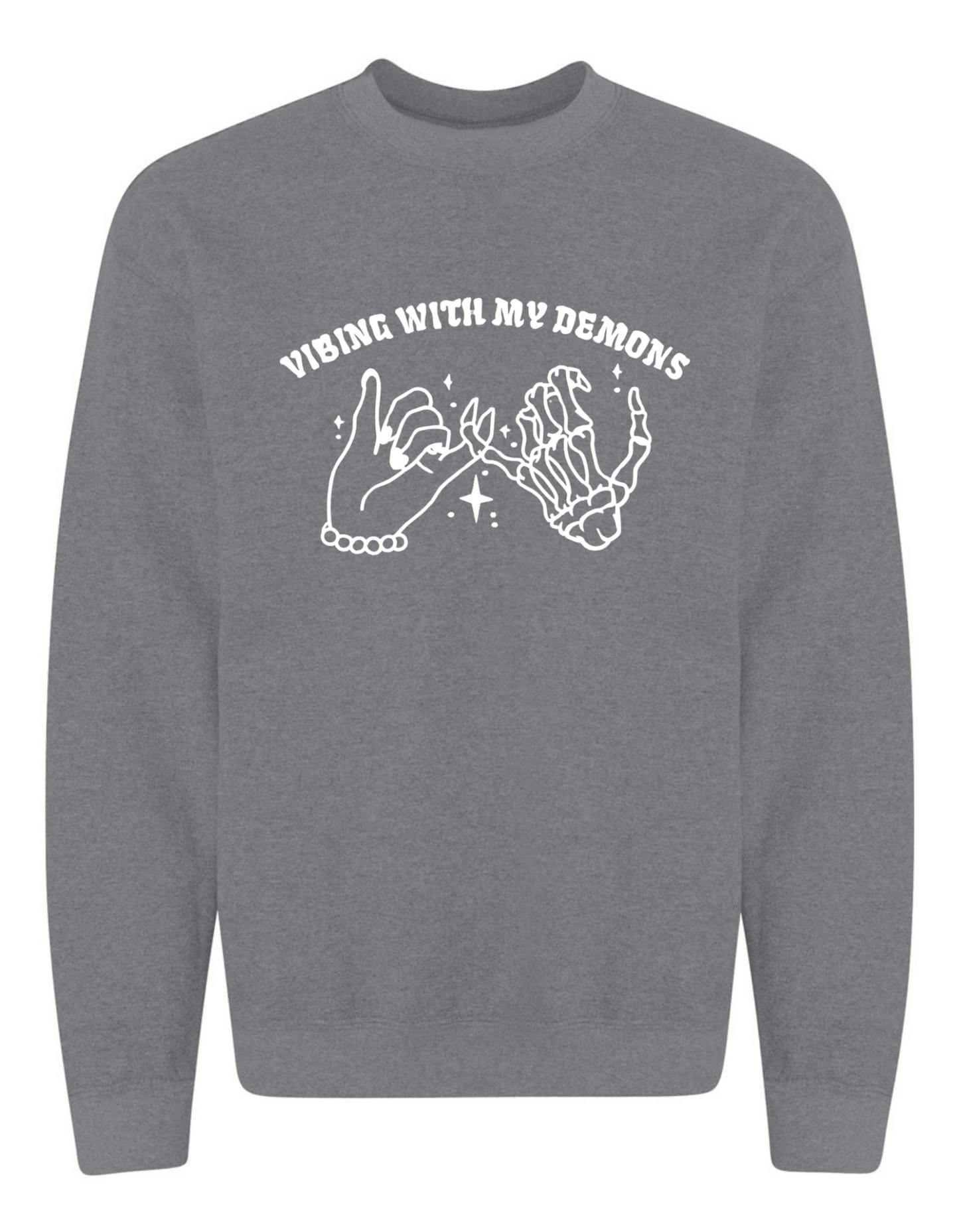 Vibing with My Demons Sweatshirt – Embroidered Skeleton Hand Pinky Promise Graphic on Gildan Crewneck