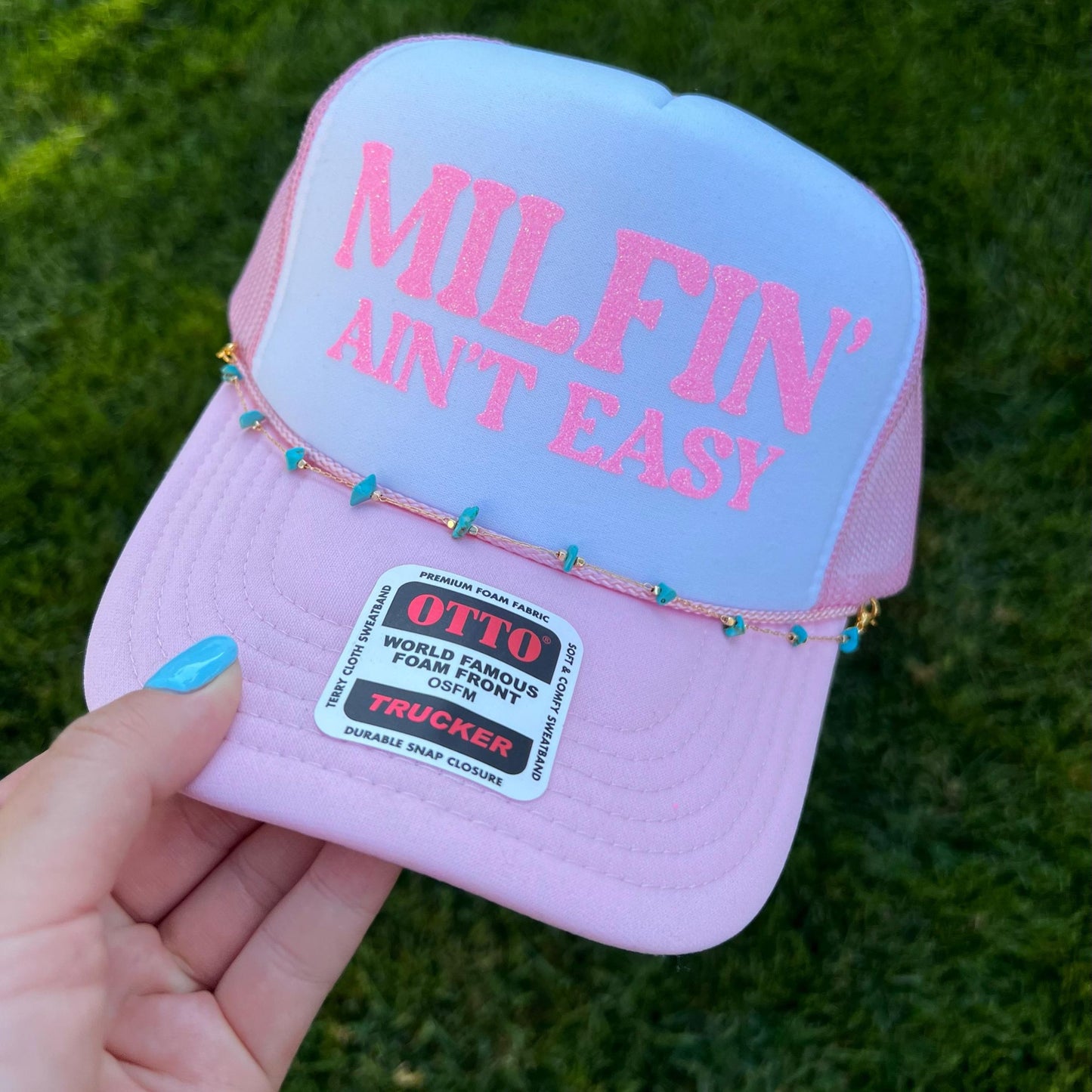 'Milfin' Aint Easy' Foam Snapback Cap w/Chain | MILF Life Hat | Mom Life Trucker Hat | Gift for Mom | Funny Milfin Ain’t Easy Graphic Cap