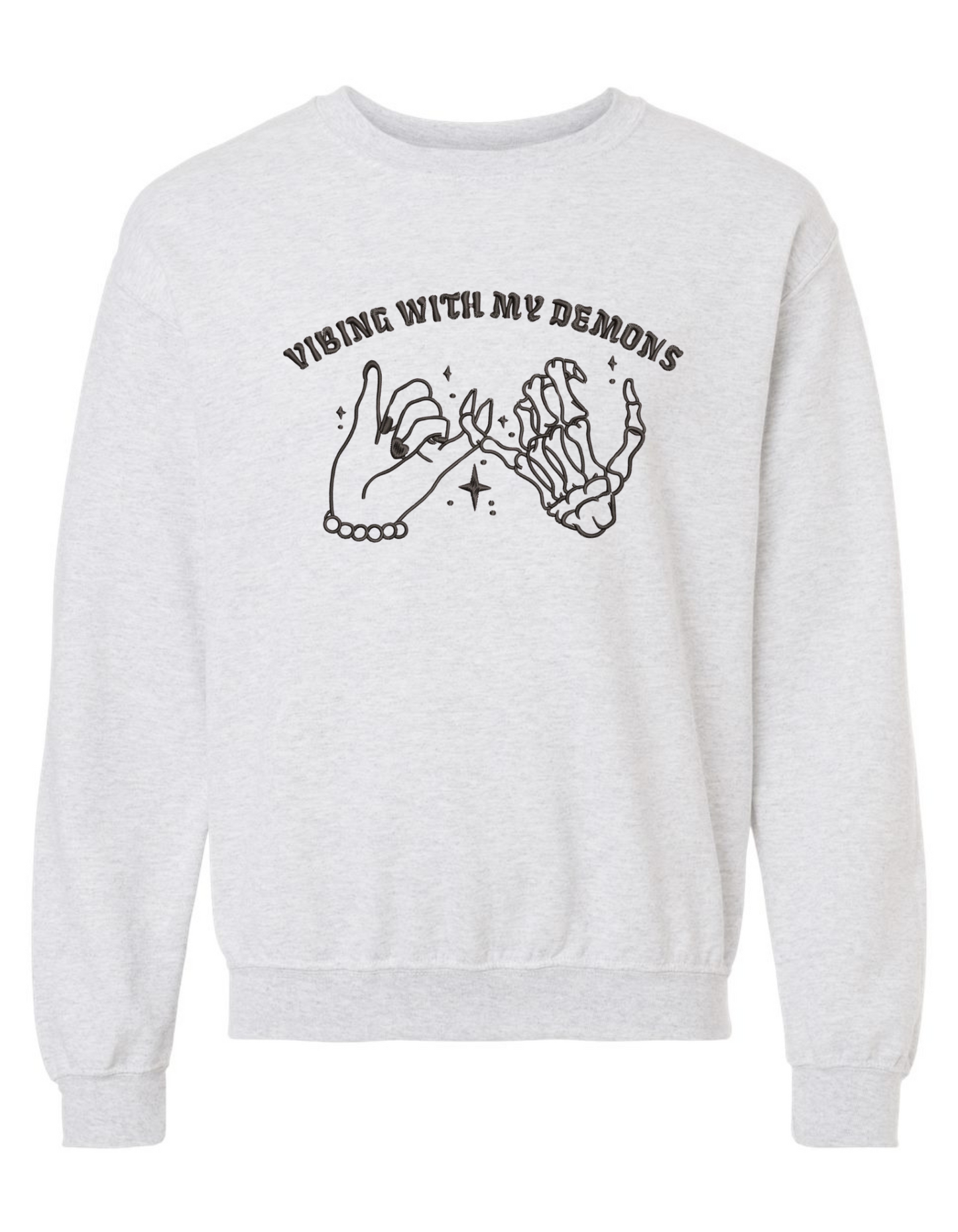 Vibing with My Demons Sweatshirt – Embroidered Skeleton Hand Pinky Promise Graphic on Gildan Crewneck