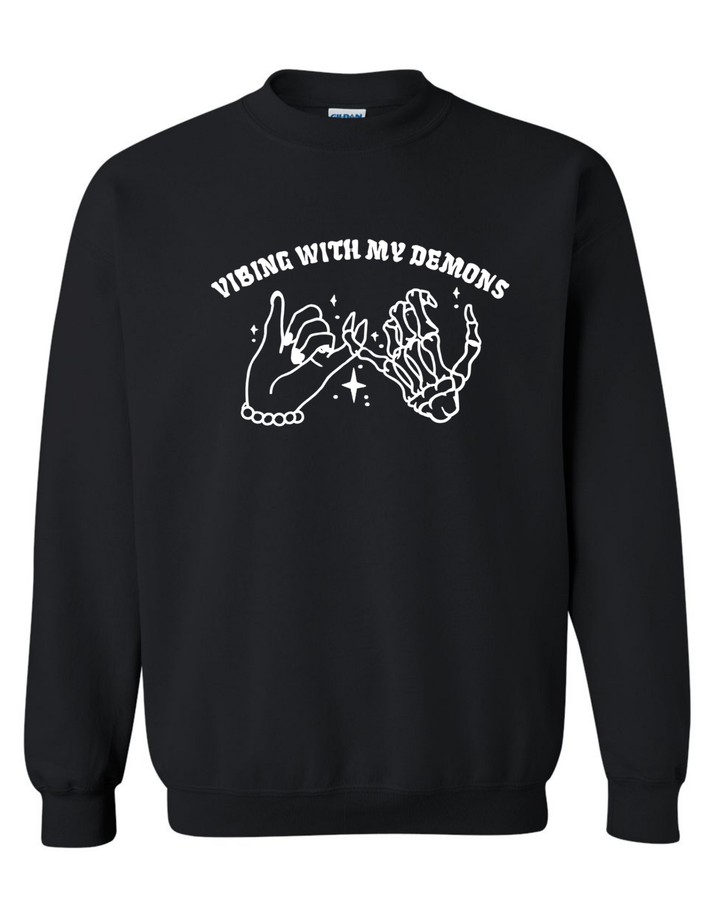 Vibing with My Demons Sweatshirt – Embroidered Skeleton Hand Pinky Promise Graphic on Gildan Crewneck