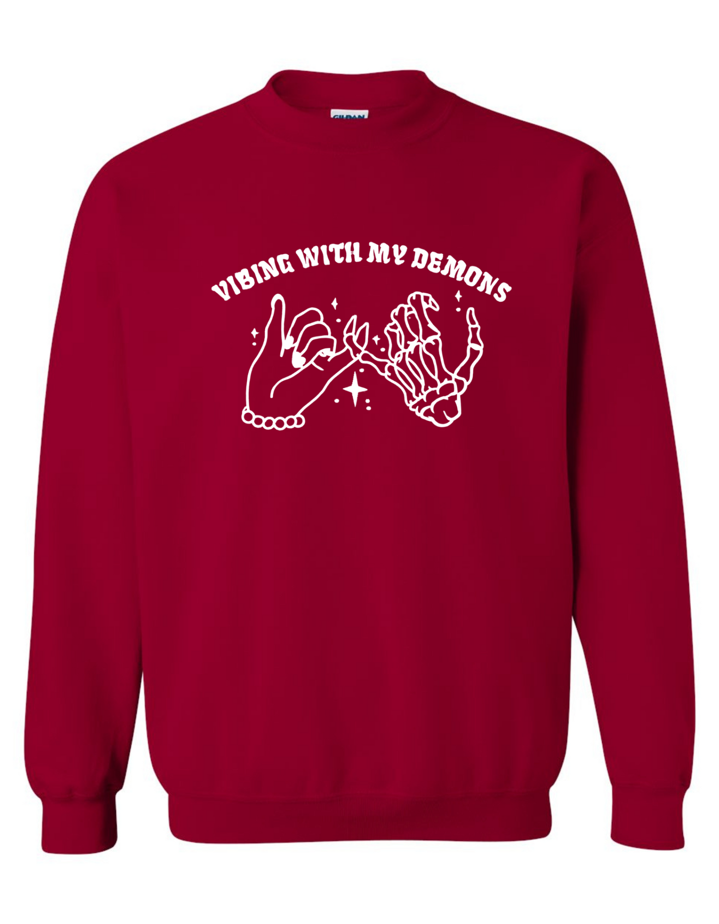 Vibing with My Demons Sweatshirt – Embroidered Skeleton Hand Pinky Promise Graphic on Gildan Crewneck