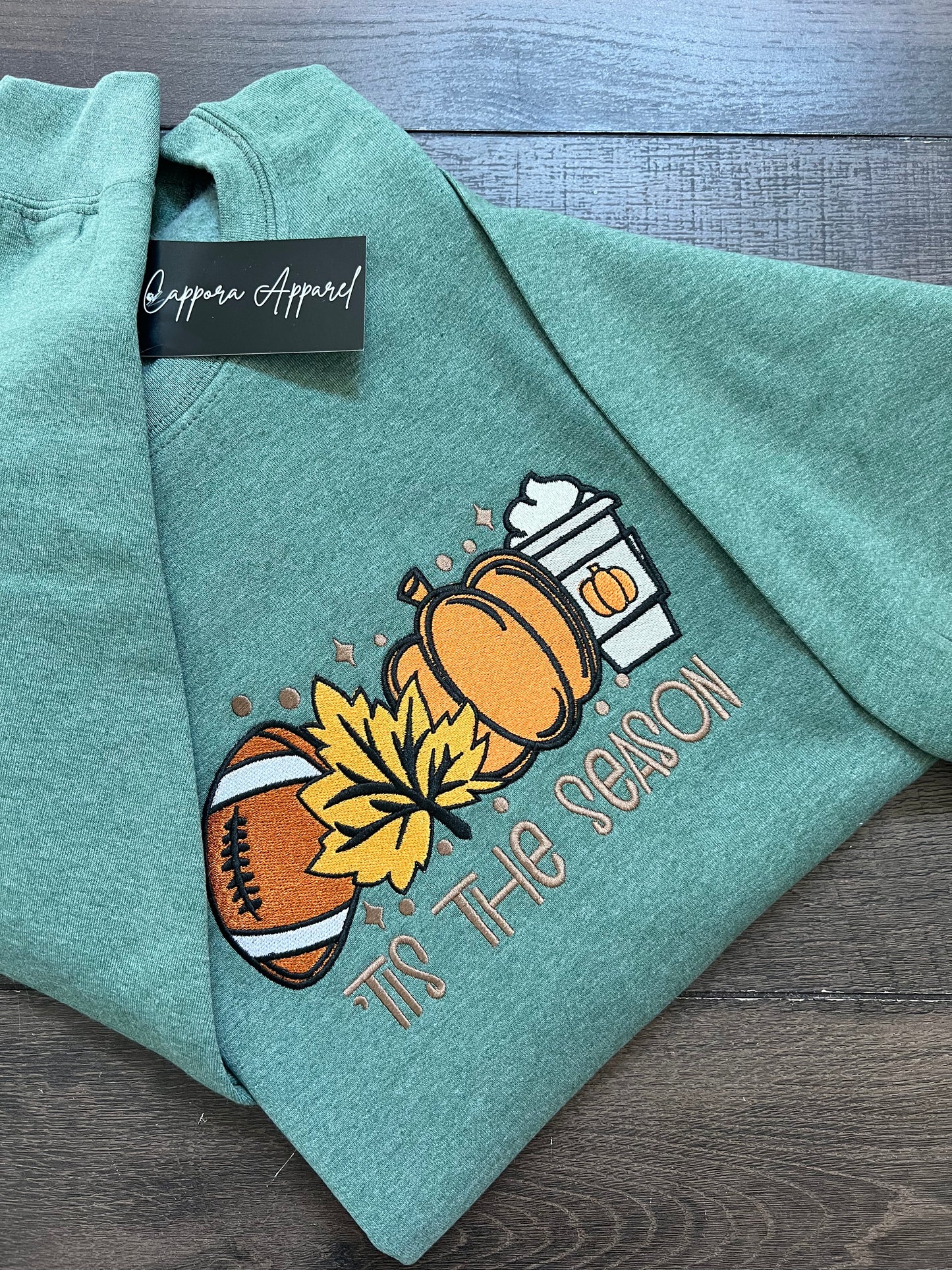 “Tis The Season” Embroidered Crewneck Sweatshirt | Football, Pumpkin, Leaf & Coffee Fall Graphic | Gildan Unisex Pullover