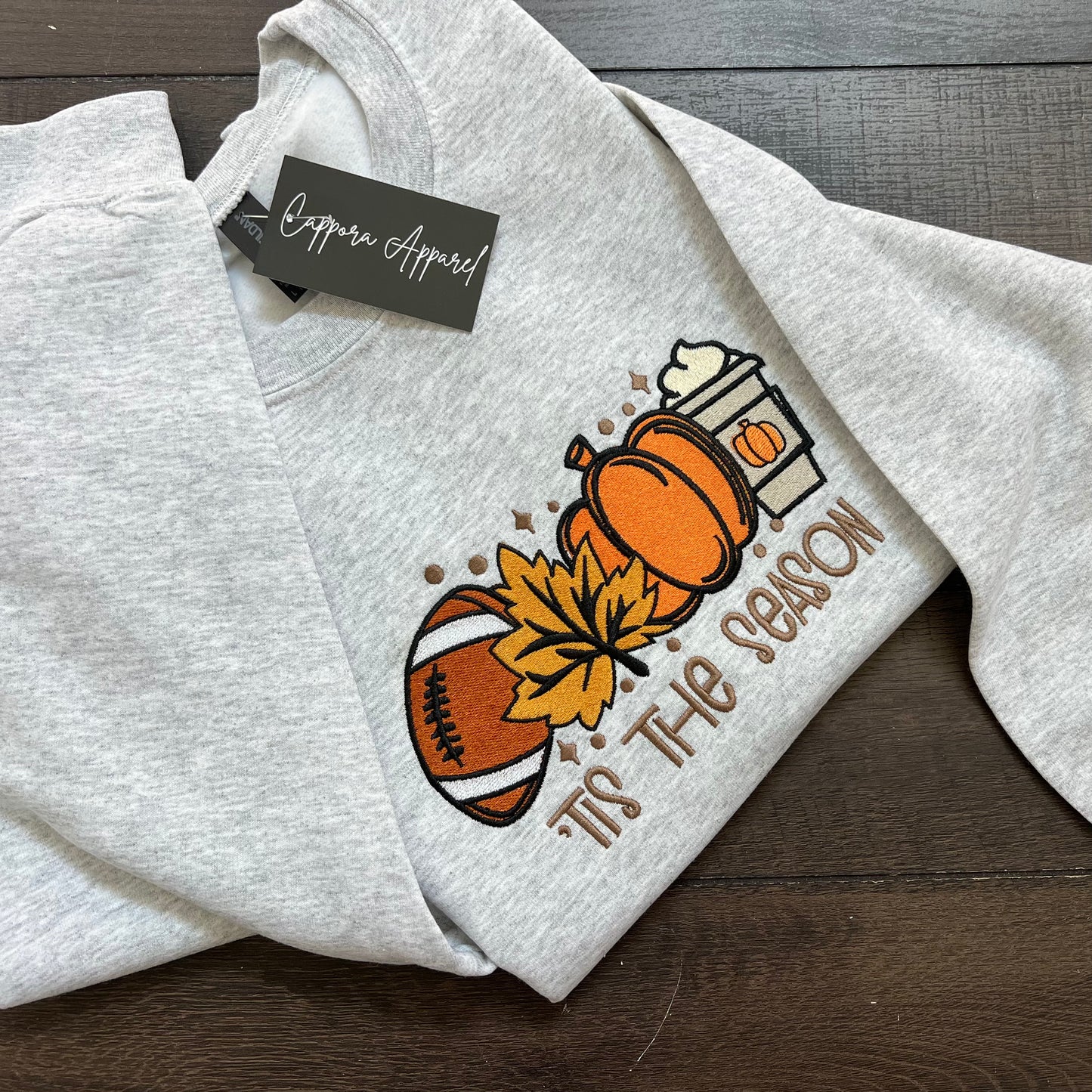 “Tis The Season” Embroidered Crewneck Sweatshirt | Football, Pumpkin, Leaf & Coffee Fall Graphic | Gildan Unisex Pullover