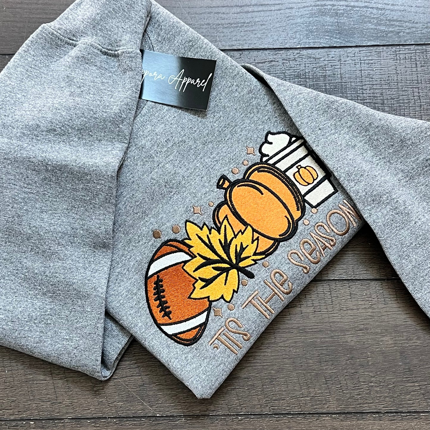 “Tis The Season” Embroidered Crewneck Sweatshirt | Football, Pumpkin, Leaf & Coffee Fall Graphic | Gildan Unisex Pullover