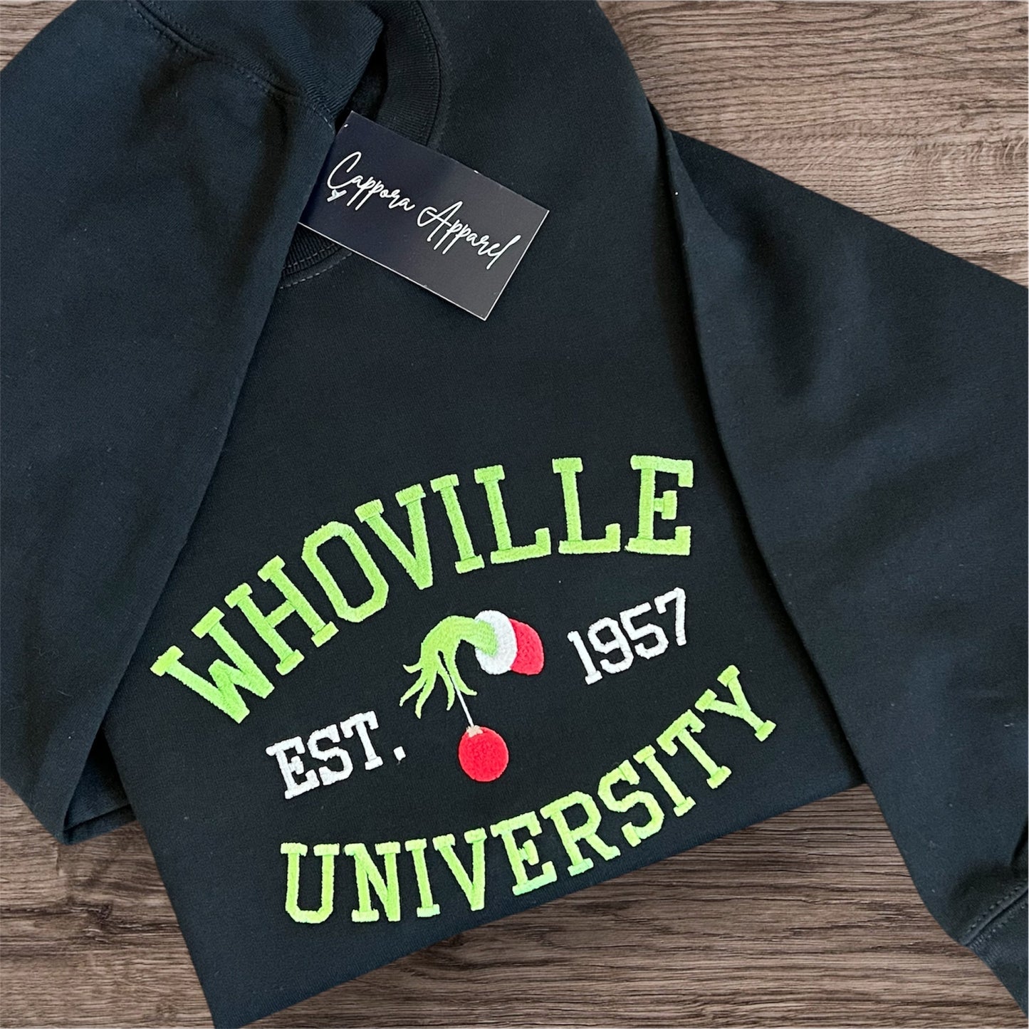 Embroidered “Whoville University” Gildan Crewneck Sweatshirt | Funny Holiday Graphic Sweater | Christmas Movie Inspired Apparel