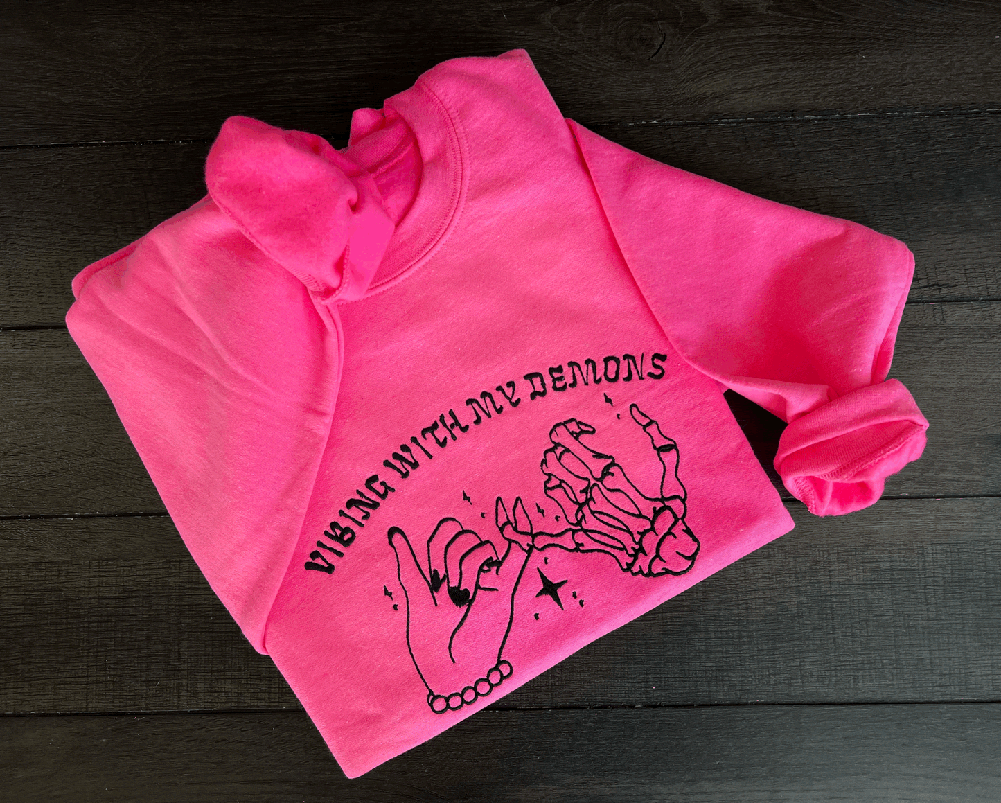 Vibing with My Demons Sweatshirt – Embroidered Skeleton Hand Pinky Promise Graphic on Gildan Crewneck