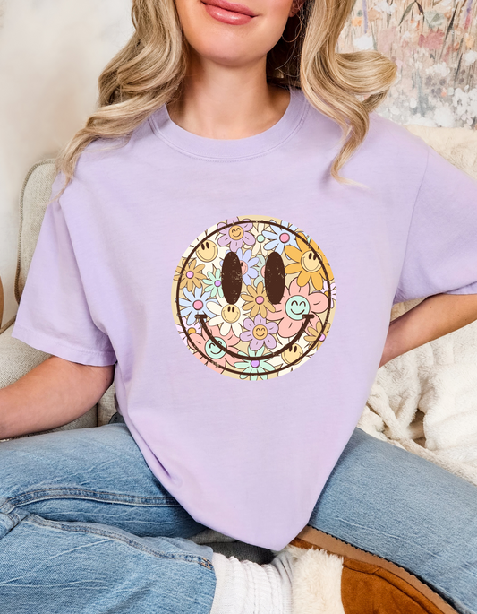 Comfort Colors® 'Floral Smiley' T-Shirt | Positive Vibes Shirt | Vintage Smiley Tee | Spring T-shirt