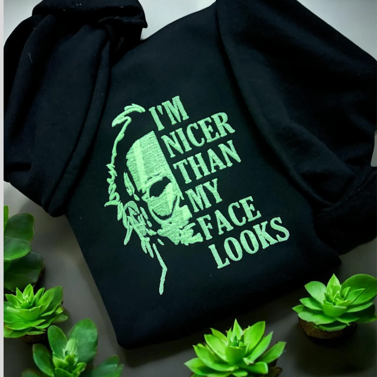 Embroidered “I’m Nicer Than My Face Looks” Michael Myers Glow in the Dark Thread Graphic | Gildan Crewneck Sweatshirt | Halloween Horror Crewneck