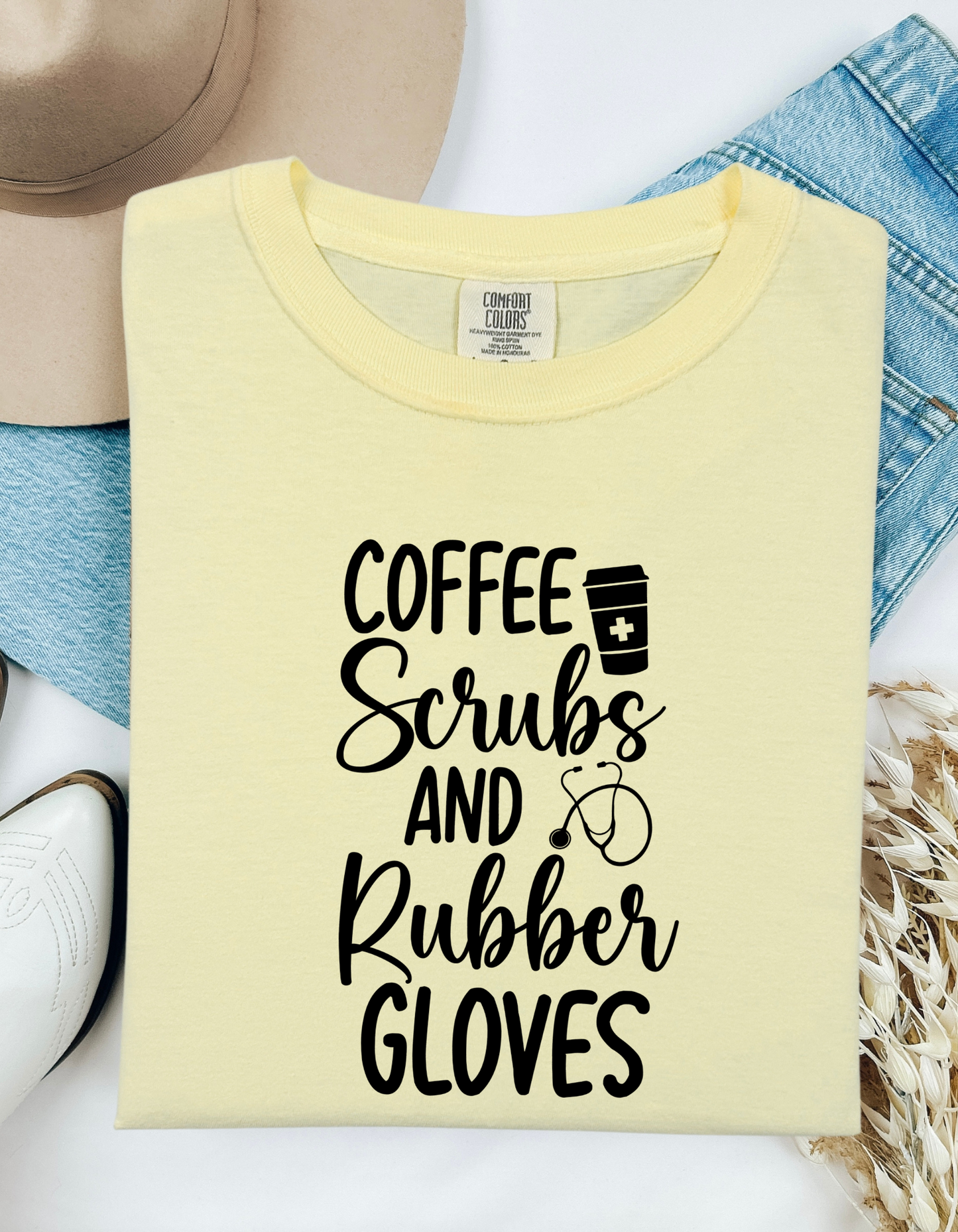 Comfort Colors® 'Coffee Scrubs & Rubber Gloves' T-Shirt | LPN CNA Doctor Shirt | Hospital Worker T-Shirt | Nurse Life Graphic Tee