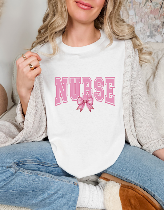 Comfort Colors® 'Nurse with Bow' T-Shirt | Stylish Comfort Colors Nurse Tee | Nurse Themed Casual T-Shirt | Trendy Nurse Graphic Shirt