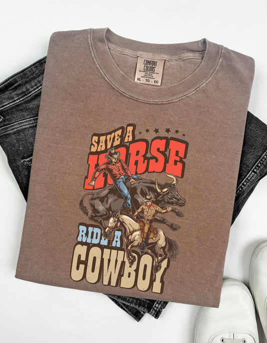 Comfort Colors® 'Save a Horse, Ride a Cowboy' T-Shirt | Country Concert Outfit Tee | Cowboy Lover's Graphic Shirt | Women's Country Graphic T-Shirt