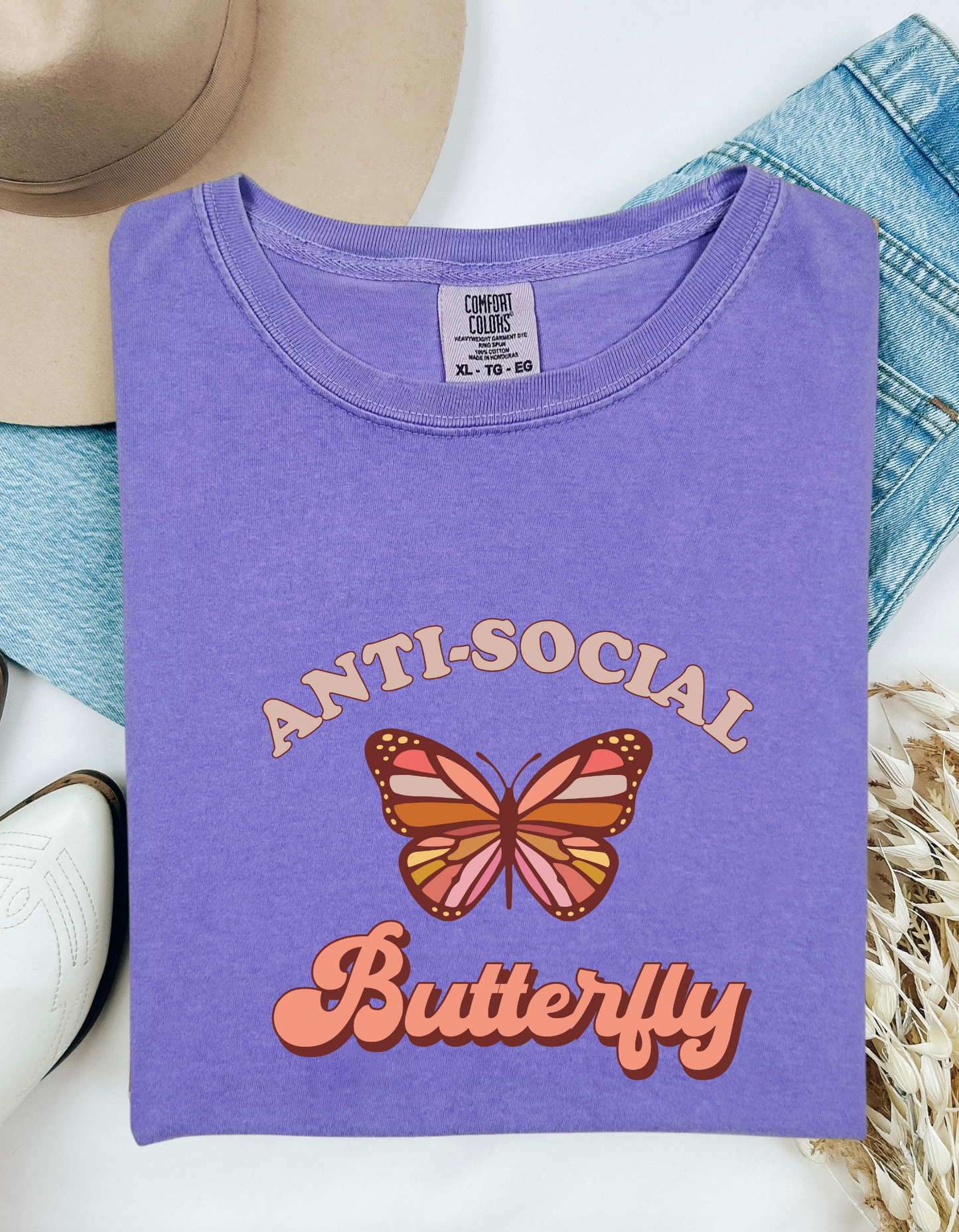 Comfort Colors® 'Anti-Social Butterfly' T-Shirt | Anti-Social Humor Tee | Quirky Slogan Graphic Shirt | Introvert Shirt