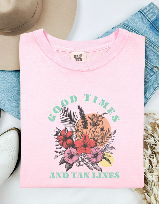 Comfort Colors® 'Good Times & Tan Lines' T-Shirt | Boho Beachwear Graphic Tee | Sunshine & Relaxation Shirt | Vacation Mode Comfort Colors Tee