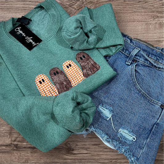 Ghosts Embroidered Applique Sweatshirt – Gildan Heavy Blend Crewneck, Cozy Fall Halloween Graphic Pullover