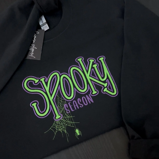 Spooky Season 3D Embroidered Sweatshirt with Spider Web | Halloween Gildan Crewneck Pullover