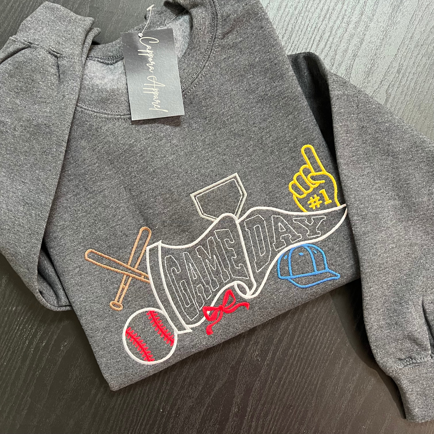 Game Day Embroidered Baseball Crewneck Sweatshirt - Foam Finger, Bats, Ball & Home Plate Graphic