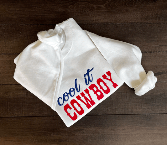 Gildan Heavy Blend™ Embroidered 'Cool it Cowboy' Sweatshirt | Urban Cowboy Crewneck  | Vintage Cowboy Sweatshirt | Country Lifestyle Crewneck