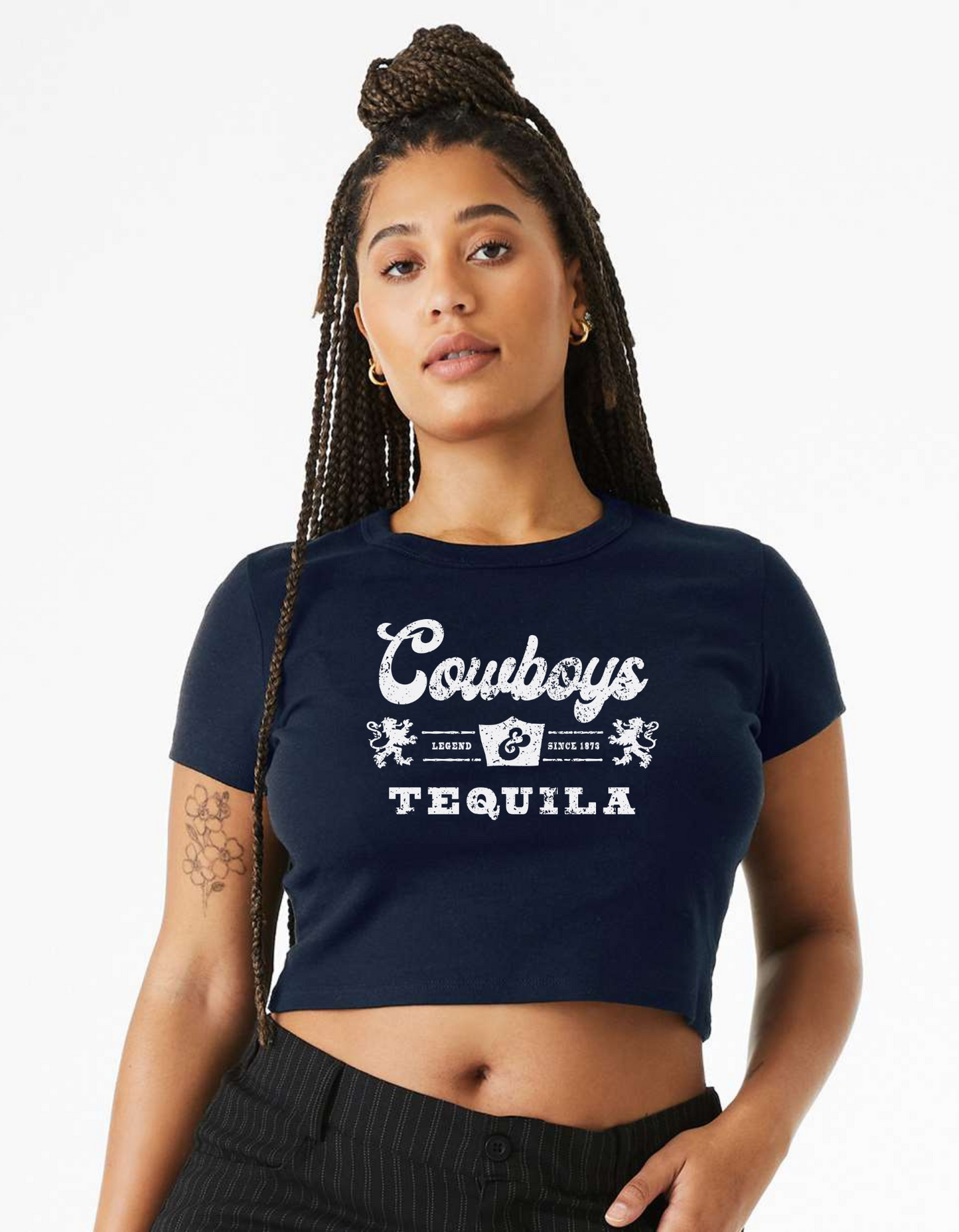 BELLA + CANVAS 'Cowboys & Tequila' Micro Rib Tee | Country Vibes Crop T-Shirt | Women's Western Style Crop Tee | Rustic Cowgirl Crop Tee | Southern Style Crop Top