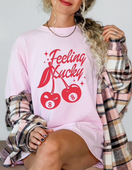 Comfort Colors® 'Feeling Lucky' T-Shirt | Lucky Graphic Casual T-Shirt | Retro Cherries Lucky Shirt | Lucky Charm Graphic T-Shirt