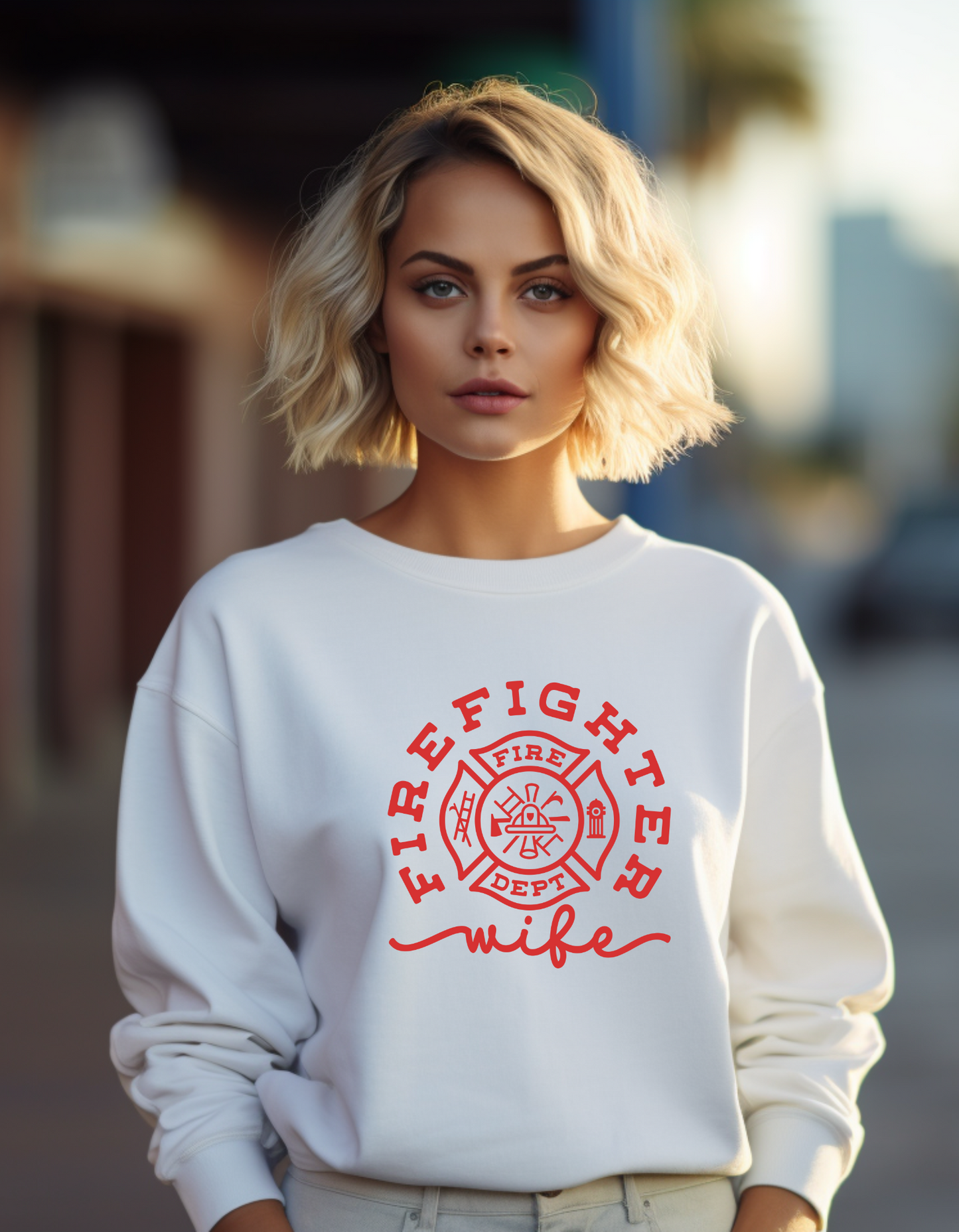 Gildan Heavy Blend™ 'Fire Fighter Wife' Sweatshirt | Firefighter Wife Pullover | Firefighter Lifestyle Apparel | Firefighter Wife Themed Gift