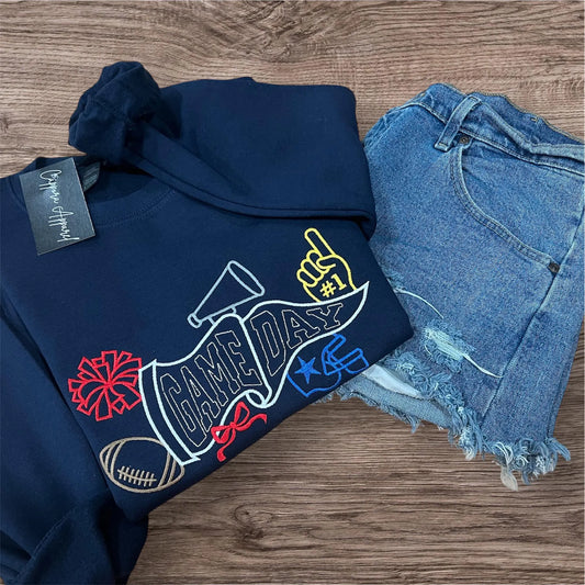 Game Day Football Pennant & Pom Poms Embroidered Gildan Crewneck Sweatshirt