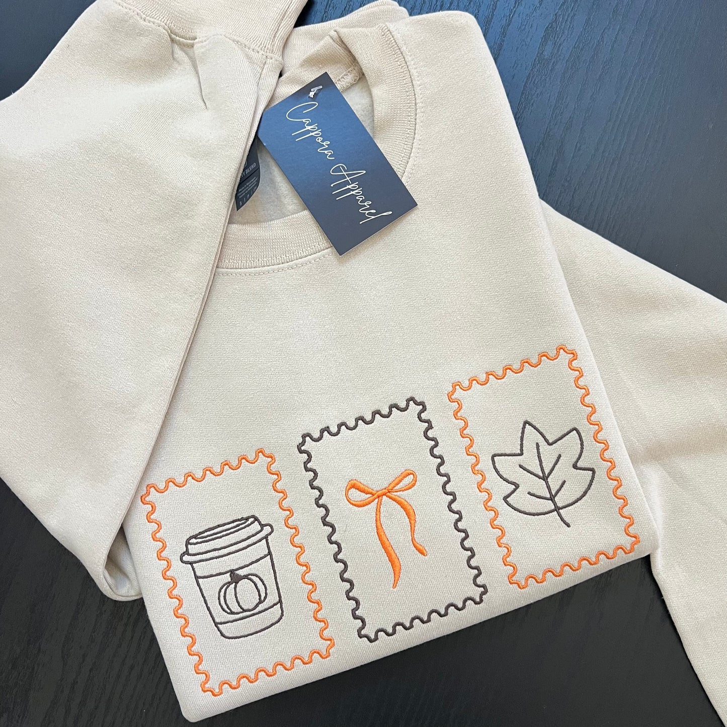 Embroidered Fall Stamp Crewneck - Pumpkin Coffee Autumn Sweatshirt