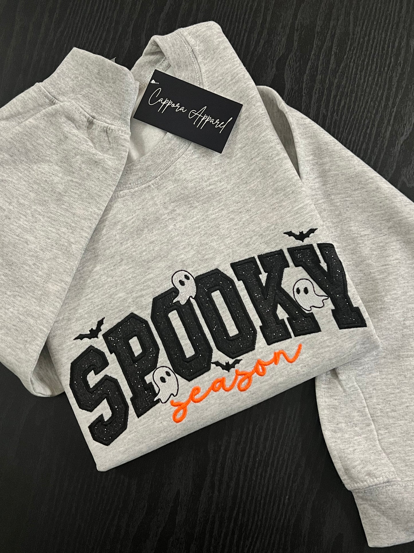 Spooky Season Applique Sweatshirt- Embroidered Glitter Ghosts & Bats Crewneck, Halloween Fall Graphic Gildan Sweatshirt