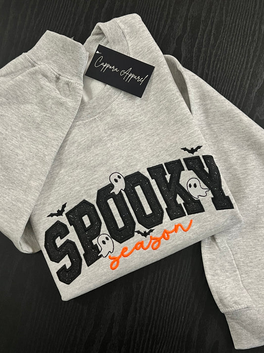 Spooky Season Applique Sweatshirt- Embroidered Glitter Ghosts & Bats Crewneck, Halloween Fall Graphic Gildan Sweatshirt
