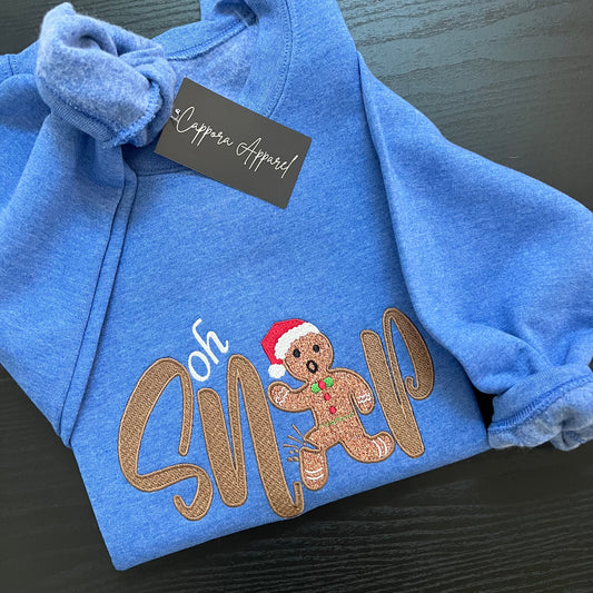 Oh Snap Gingerbread Embroidered Sweatshirt – Holiday Glitter Design on Cozy Gildan Crewneck – Funny Christmas Winter Sweater