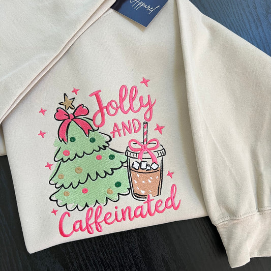 Jolly & Caffeinated Embroidered Crewneck | Holiday Coffee Sweatshirt | Cozy Winter Gildan 18000 Pullover