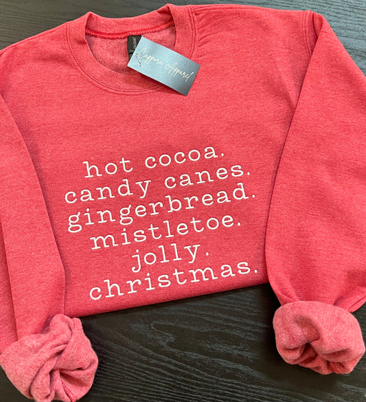 Hot Cocoa & Candy Canes Christmas Crewneck – Gingerbread, Mistletoe & Jolly Holiday Embroidered Gildan Sweatshirt