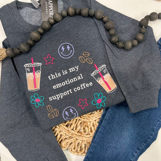 Emotional Support Coffee Embroidered Crewneck | Coffee Sweatshirt