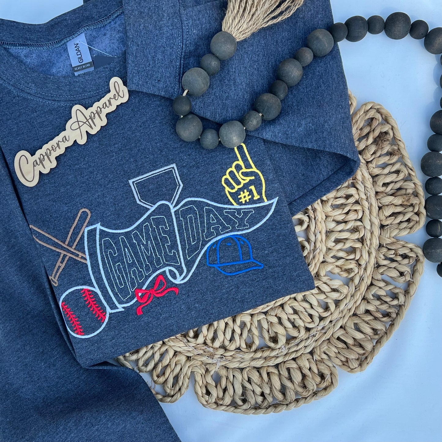 Game Day Embroidered Baseball Crewneck Sweatshirt - Foam Finger, Bats, Ball & Home Plate Graphic