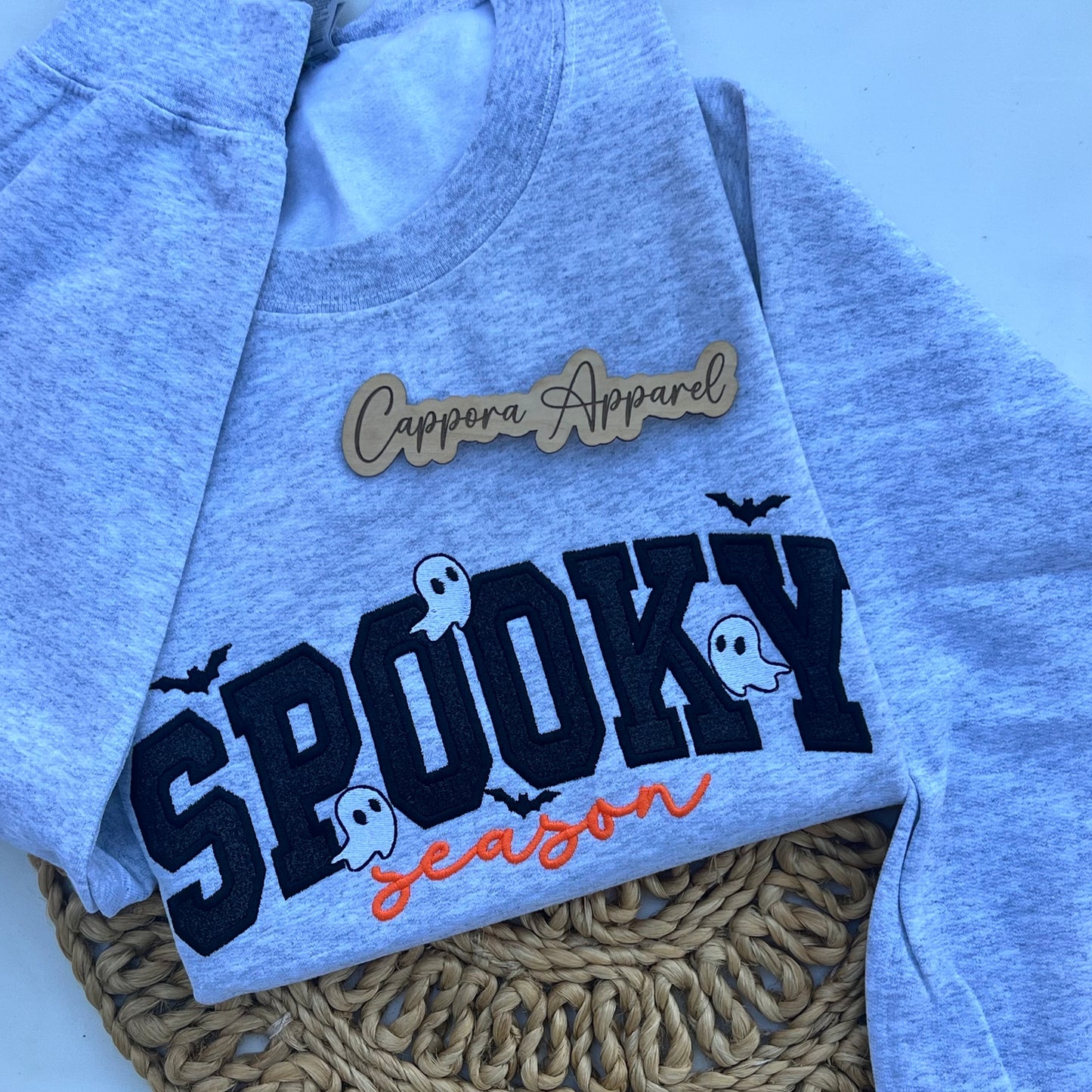 Spooky Season Applique Sweatshirt- Embroidered Glitter Ghosts & Bats Crewneck, Halloween Fall Graphic Gildan Sweatshirt