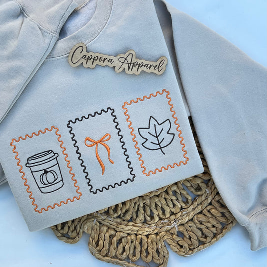 Embroidered Fall Stamp Crewneck - Pumpkin Coffee Autumn Sweatshirt
