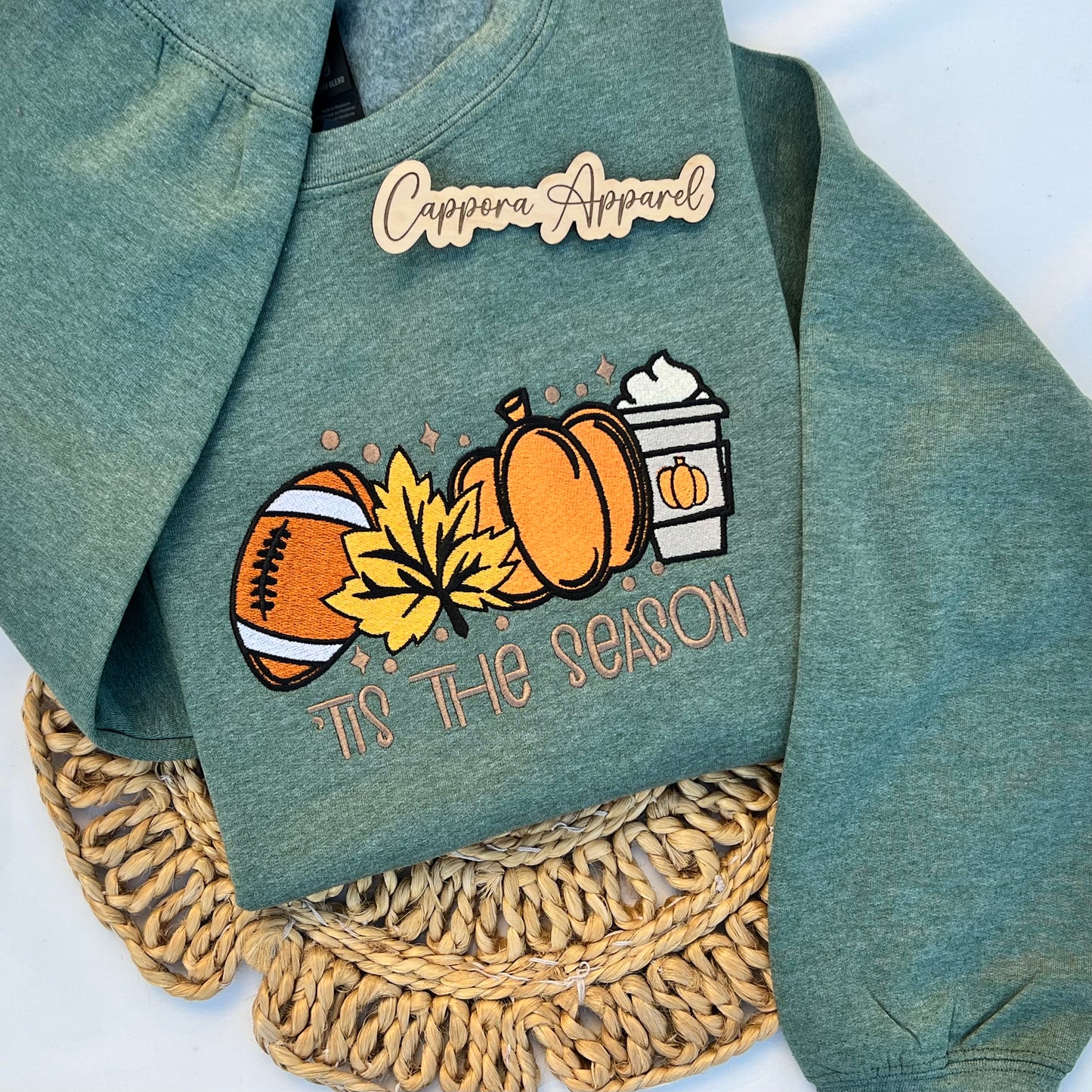 “Tis The Season” Embroidered Crewneck Sweatshirt - Football, Pumpkin, Leaf & Coffee Fall Graphic, Gildan Unisex Pullover
