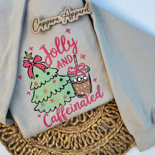 Jolly & Caffeinated Embroidered Crewneck | Holiday Coffee Sweatshirt | Cozy Winter Gildan 18000 Pullover