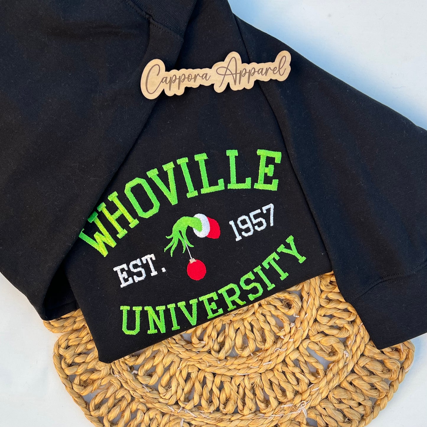 Embroidered “Whoville University” Gildan Crewneck Sweatshirt | Funny Holiday Graphic Sweater | Christmas Movie Inspired Apparel