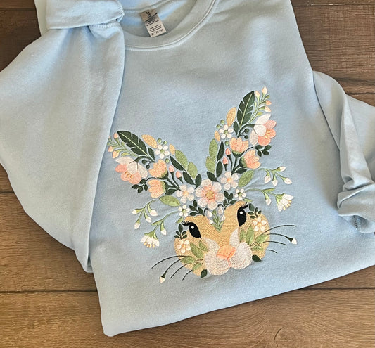 Gildan Heavy Blend™ Embroidered 'Floral Bunny' Sweatshirt | Cute Easter Sweatshirt | Spring Bunny Design | Cozy Easter Gift