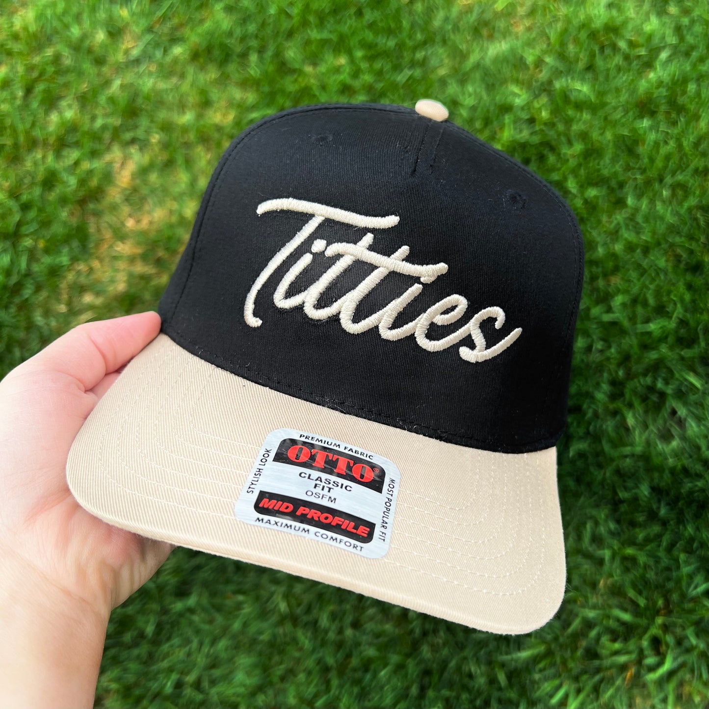 Otto® 'Titties' Embroidered 5 Panel Mid Profile Baseball Snapback Cap | Humor-Themed Baseball Cap | Casual Apparel