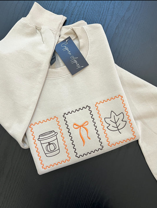 Embroidered Fall Stamp Crewneck - Pumpkin Coffee Autumn Sweatshirt