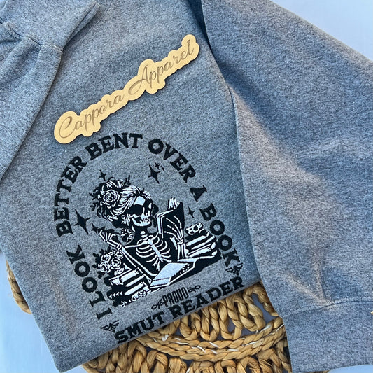 Embroidered “I Look Better Bent Over a Book” Skull Sweatshirt